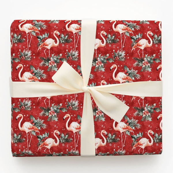 Tropical Red Holiday Gift Wrap, Christmas Flamingo Wrapping Paper, Snowy Flamingo Wrapping Paper, Winter Holly Gift Wrap, Ado