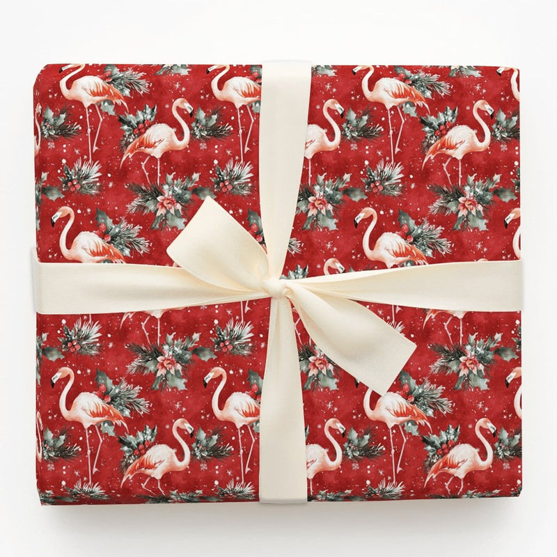 Tropical Red Holiday Gift Wrap, Christmas Flamingo Wrapping Paper, Snowy Flamingo Wrapping Paper, Winter Holly Gift Wrap, Adorable Gift Wrap