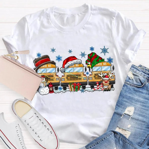 Snowflake Holiday Graphic T-Shirt, School Bus Christmas Shirt, Adorable Bus Driver Christmas Tee, Back to School Winter Holid
