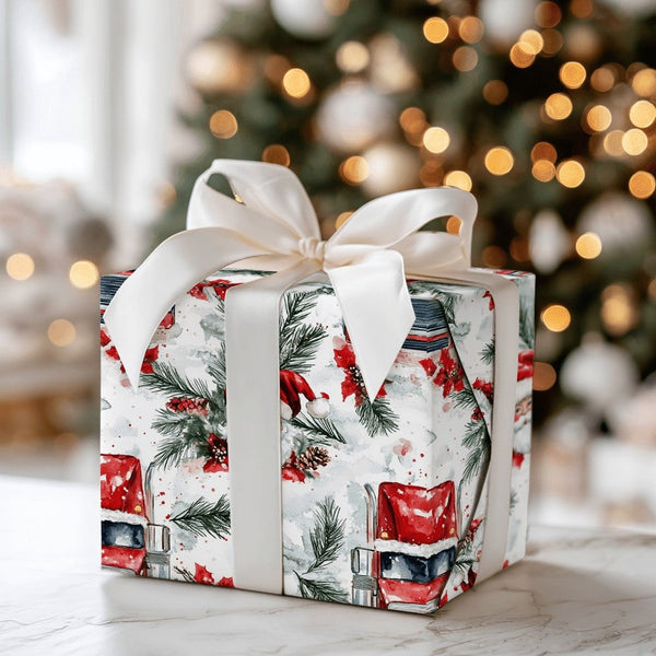 Santa Trucker Christmas Gift Wrap, Red Semi Truck Wrapping Paper, Big Rig Holiday Wrapping Paper, Truck Driver Festive Gift W
