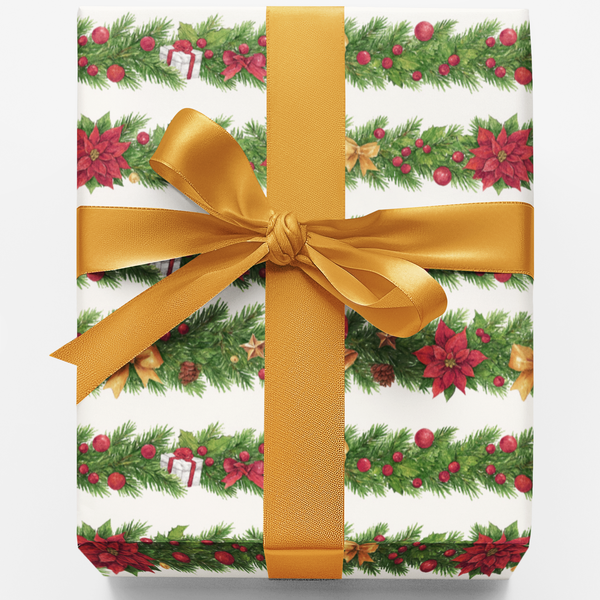 Pine Garland Gift Wrap, Watercolor Poinsettia Wrapping Paper, Elegant Christmas Wrapping Paper, Botanical Holiday Present Wra