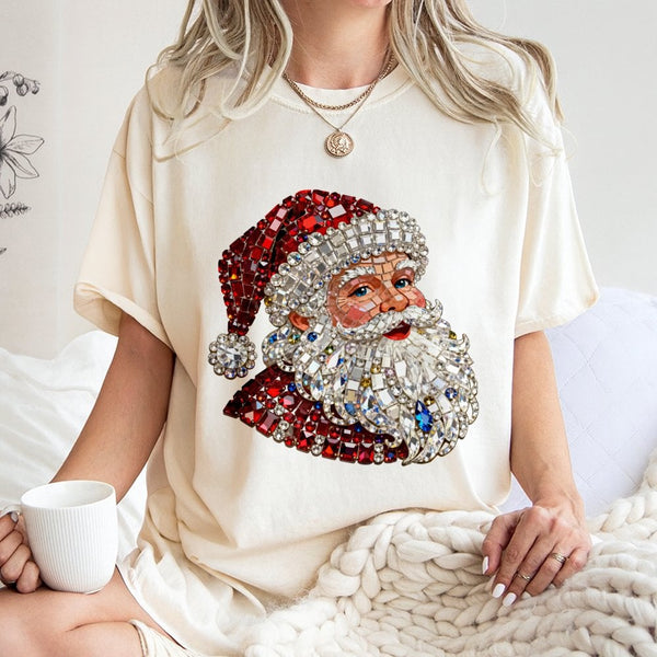 Mosaic Rhinestone Graphic Shirt, Sparkle Santa T-Shirt, Faux Glitter Christmas Tee, Festive Holiday Season Graphic T-Shirt He