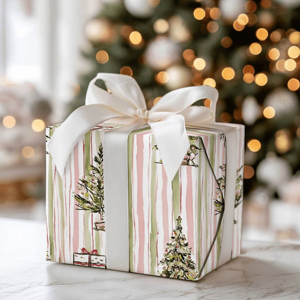 Watercolor Pink Sage Gift Wrap, Striped Christmas Tree Wrapping Paper, Holiday Presents Present Paper, Festive Xmas Wrapping 