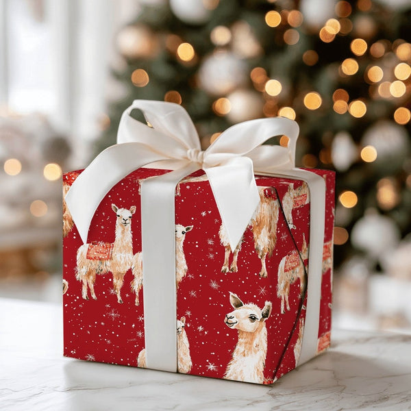Watercolor Holiday Gift Wrap, Red Christmas Llama Wrapping Paper, Snowy Winter Present Paper, Adorable Animal Wrapping Paper
