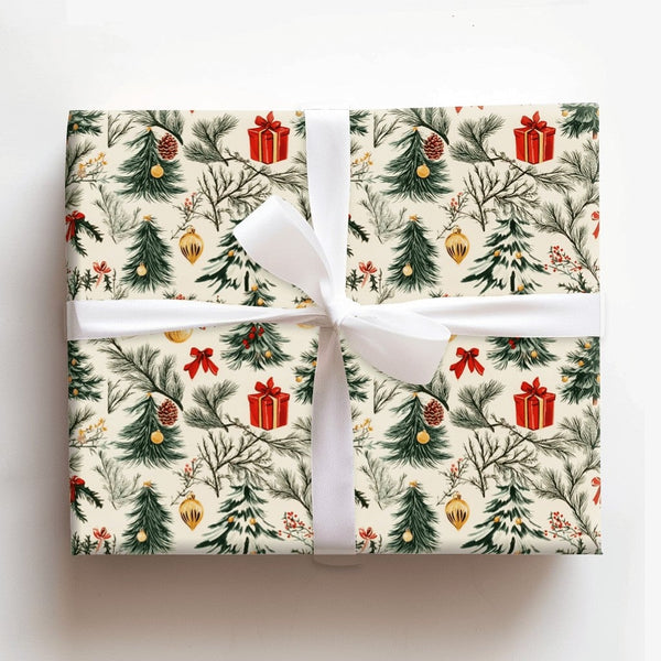 Christmas Tree Pinecone Gift Wrap, Vintage Botanical Wrapping Paper, Nostalgic Cream Holiday Wrapping Paper, Classic Winter W