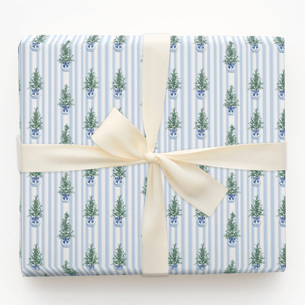 Blue and White Topiary Gift Wrap, Chinoiserie Christmas Tree Wrapping Paper, Grandmillennial Wrapping Paper, Holiday Striped 