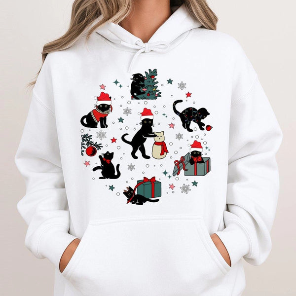 Adorable Santa Hat Kitten Pullover, Christmas Black Cat Hoodie, Festive Black Cat Hooded Sweatshirt, Comfy Holiday Apparel fo