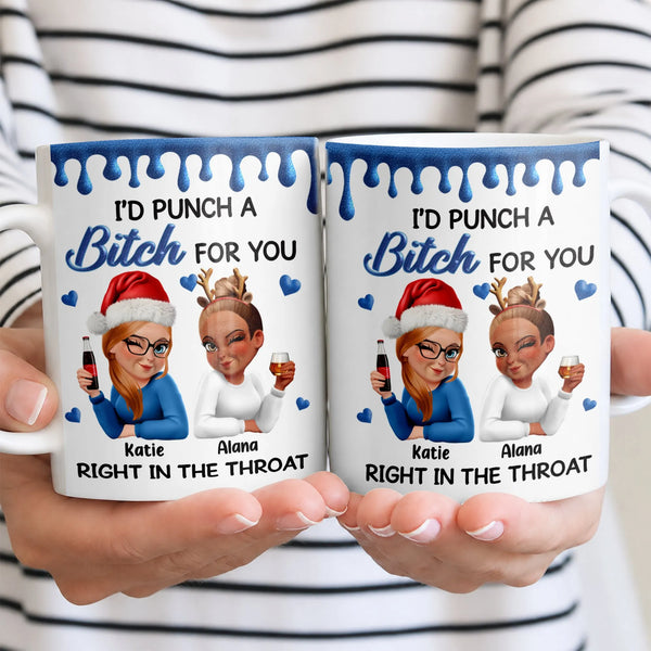 Humorous Cartoon Besties Holiday Ceramic Mug, Punch a Bitch for You Christmas Mug, Custom BFF Coffee Cup, Soul Sister Xmas Pr