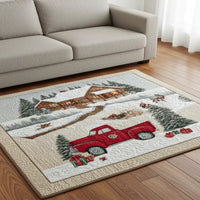 Snowy Lodge Red Truck Area Rug, Winter Cabin Area Rug, Rustic Christmas Landscape Floor Mat, Comfy Flannel Holiday Area Rug, Farmhouse Decor