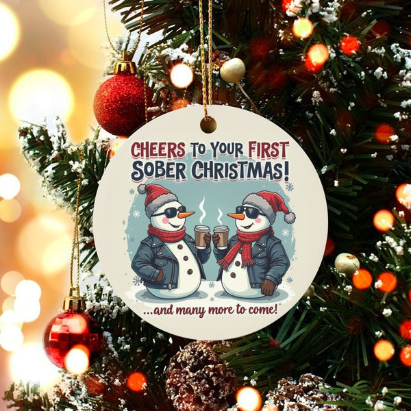Snowman Coffee Toast Recovery Ornament, First Sober Christmas Ornament, Ceramic Sobriety Keepsake Ornament, Clean and Sober H