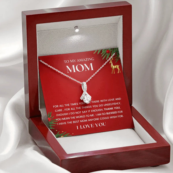 Ribbon Cubic Zirconia Pendant Necklace, Mom Christmas Necklace Present, 14k White Gold Finish Jewelry, Birthday Necklace for 