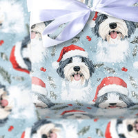 Dog in Santa Hat Gift Wrap, Old English Sheepdog Christmas Wrapping Paper, Holiday Dog Wrapping Paper, Festive Present Wrap