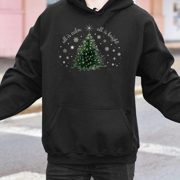 Minimalist Tree Holiday Sweatshirt, All Is Calm All Is Bright Christmas Hoodie, Comfy Winter Graphic Hooded Sweater, Xmas Pre