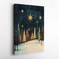 Winter Forest with Gold Star Canvas Print, Christmas Starry Night Canvas Art, Holiday Landscape Wall Decor, Comfy Seasonal Canvas Art