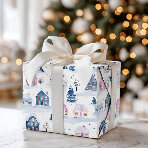 Snowy Cottage Gift Wrap, Winter Village Wrapping Paper, Watercolor Pastel House Christmas Wrapping Paper, Comfy Holiday Town 