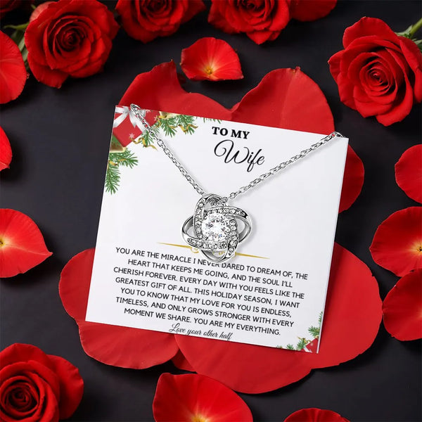 Rotating Rose Box Pendant, To My Wife Love Knot Necklace, White Gold Knot Necklace, Romantic Anniversary Present for Wife, Wi