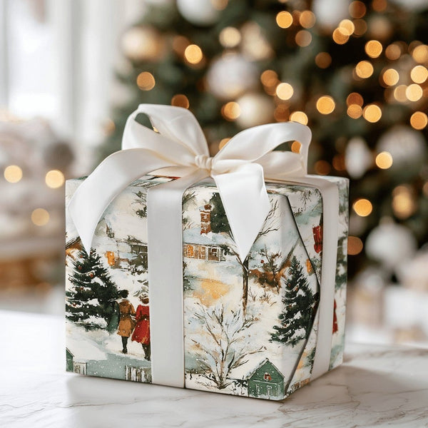 Reindeer Cabin Winter Gift Wrap, Vintage Snowy Village Christmas Wrapping Paper, Watercolor Town Holiday Wrapping Paper, Retr