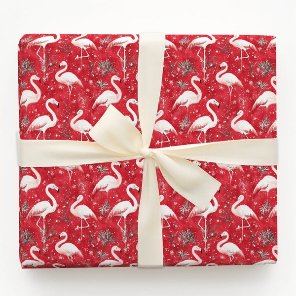 Tropical Winter Gift Wrap, Christmas Flamingo Wrapping Paper, Red Snowflakes Holiday Present Paper, Festive Flamingo Present 