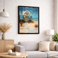 Snowy Seaside Cottage Oil Painting Print, Coastal Christmas Beach House Canvas Wall Art, Nautical Holiday Decor, Digital Download