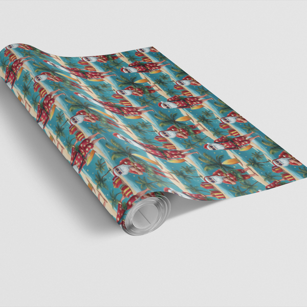 Beach Coastal Christmas Gift Wrap, Tropical Santa Wrapping Paper, Surfing Santa Holiday Paper, Summer Vacation Christmas Wrap