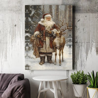 Christmas Forest Wall Art, Vintage Santa Claus Canvas Print, Holiday Santa and Reindeer Canvas Art, Traditional Winter Xmas Wall Decor
