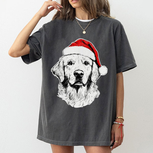 Santa Hat Dog Christmas Shirt, Golden Retriever Christmas T-Shirt, Adorable Dog Lover Christmas Tee, Festive Pet Owner Graphi