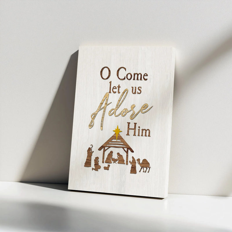 Nativity Scene Canvas Print, O Come Let Us Adore Him Canvas Art, Christian Christmas Wall Art, Rustic Nativity Canvas Wall Decor Present