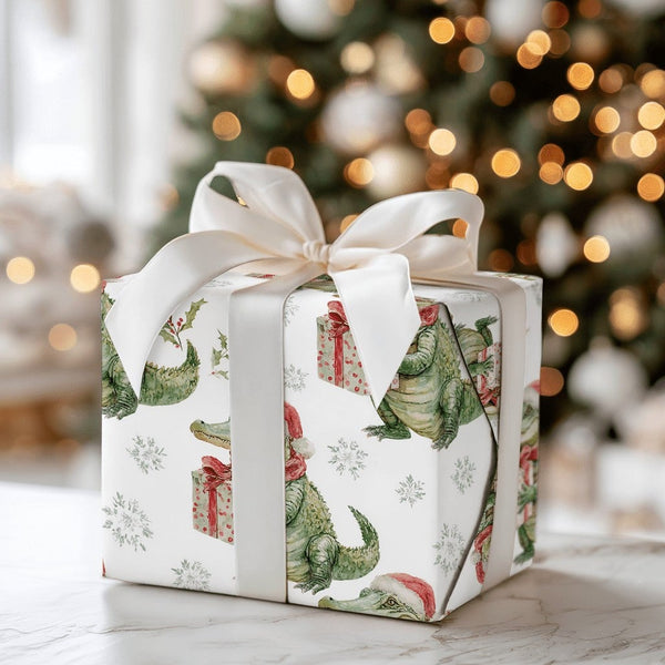 Santa Gator Holiday Gift Wrap, Christmas Alligator Wrapping Paper, Whimsical Reptile Animal Wrapping Paper, Humorous Winter P