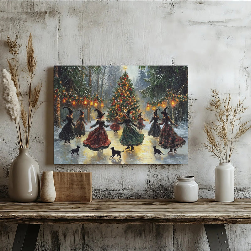 Witch Christmas Canvas Wall Art, Ice Skating Witches Canvas Print, Black Cat Holiday Canvas Art, Whimsical Winter Witch Canvas Home Decor