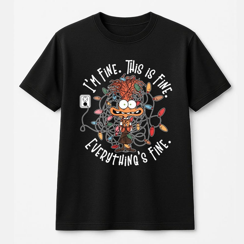 Humorous Holiday Anxiety Graphic Tee, Its Fine This Is Fine Christmas T-Shirt, Adorable Xmas Humor Dog Shirt, Retro Holiday Graphic Tee
