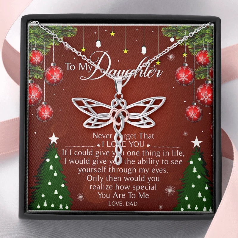 Two-Tone Stainless Steel Heart Necklace, Dragonfly Pendant Necklace, Sentimental Daughter Jewelry, Christmas Keepsake Present for Her from Dad