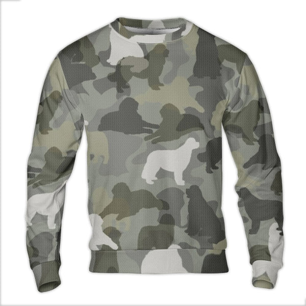 Newfie Breed Fleece Pullover, Newfoundland Dog Camo Ugly Christmas Sweater, Camouflage Hunting Holiday Crewneck Dog Lover Pre