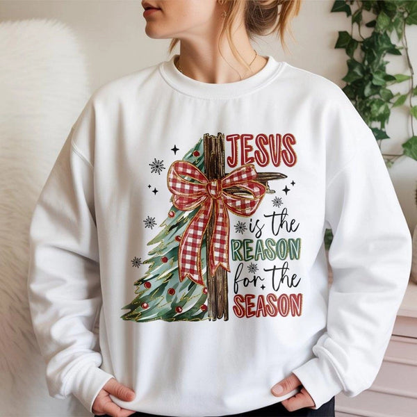 Retro Christmas Cross Crewneck, Jesus Is the Reason for the Season Sweatshirt, Plaid Bow Holiday Sweater, Christian Faith Xma