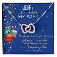 CZ Heart Pendant Necklace, Merry Christmas Wife Interlocking Hearts Necklace, Surgical Steel Jewelry, Romantic Holiday Keepsake Present for Her