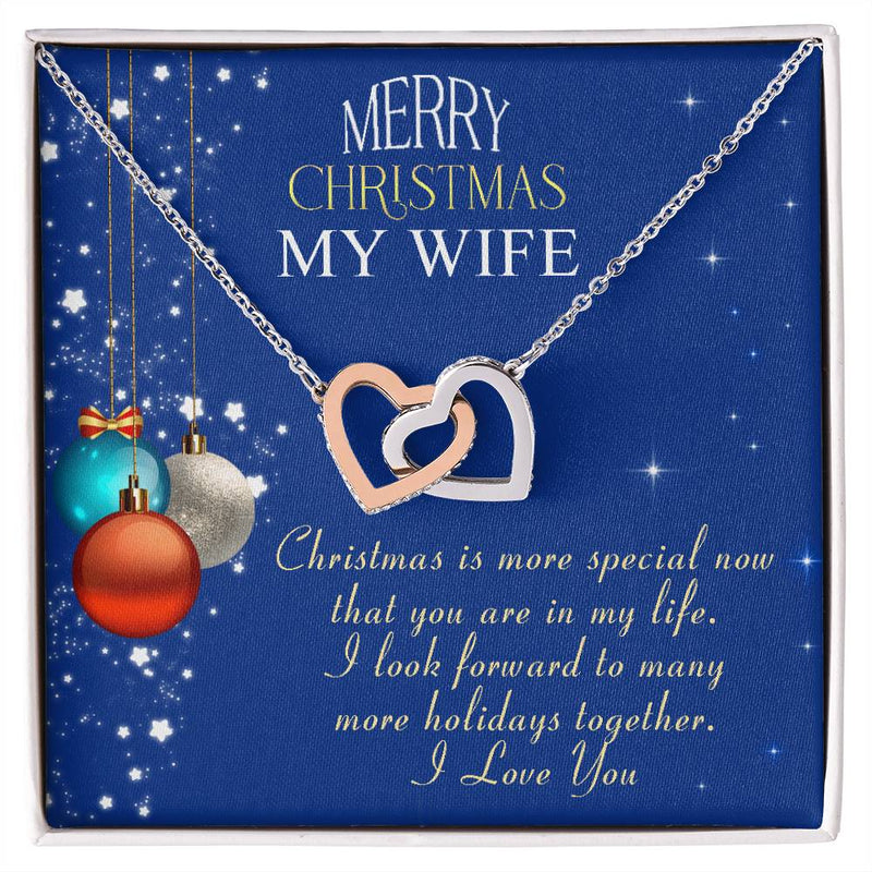 CZ Heart Pendant Necklace, Merry Christmas Wife Interlocking Hearts Necklace, Surgical Steel Jewelry, Romantic Holiday Keepsake Present for Her