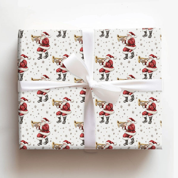 Vintage Musical Christmas Wrapping Paper, Trumpet Santa Wrapping Paper, Golden Horn Holiday Gift Wrap, Festive Secret Santa W
