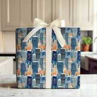 Snowy Night City Gift Wrap, Winter Cityscape Wrapping Paper, Watercolor Urban Skyline Wrapping Paper, Comfy Christmas Holiday Gift Wrap Roll