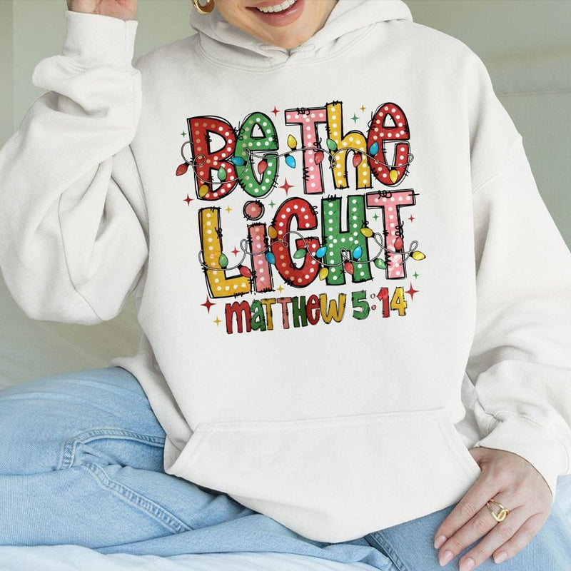 Christian Christmas Lights Hooded Sweatshirt, Be the Light Matthew 5:14 Hoodie, Faith Scripture Pullover, Religious Holiday Present Hoodie
