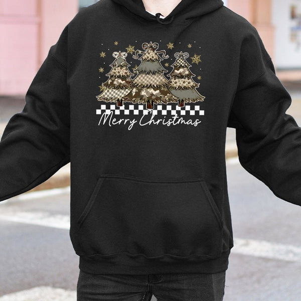 Merry Christmas Tree Hoodie, Camo Checkered Christmas Tree Hoodie, Western Aesthetic Holiday Sweatshirt, Trendy Xmas Tree Pul