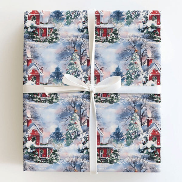Winter Wonderland Gift Wrap, Snowy Red House Christmas Wrapping Paper, Comfy Cabin Holiday Wrapping Paper, Festive Scenic Gif