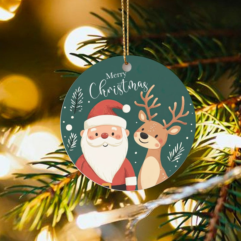 Ceramic Holiday Tree Ornament, Merry Christmas Santa and Reindeer Ornament, Festive Christmas Keepsake Ornament, Family Xmas Present