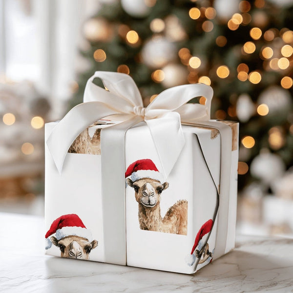 Watercolor Santa Hat Animal Gift Wrap, Christmas Camel Wrapping Paper, Whimsical Holiday Present Wrapping Paper, Winter Gift 