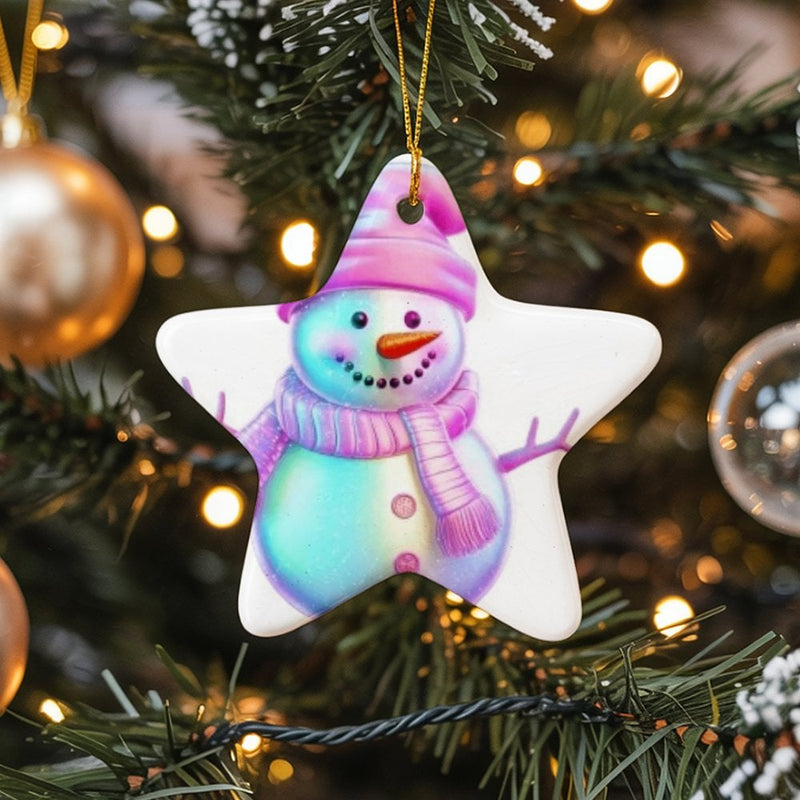 Colorful Winter Ceramic Ornament, Iridescent Snowman Star Ornament, Festive Holiday Star Decor, Whimsical Christmas Tree Keepsake