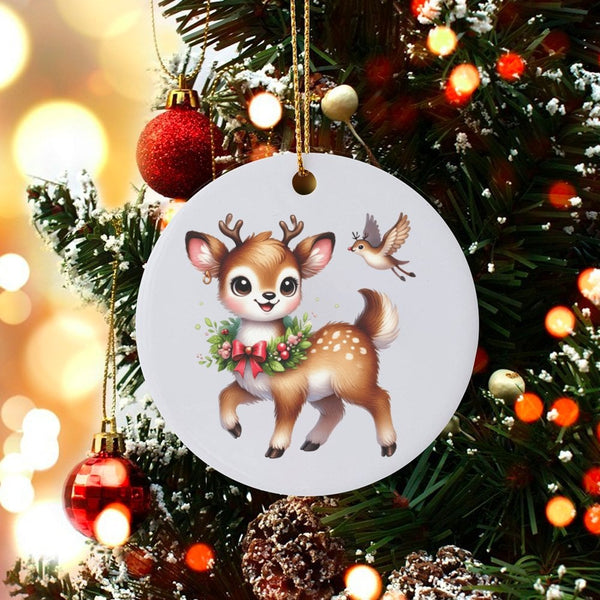 Adorable Fawn with Wreath Ornament, Baby Deer Christmas Ornament, Woodland Bird Ceramic Ornament, Rustic Holiday Tree Decor, 