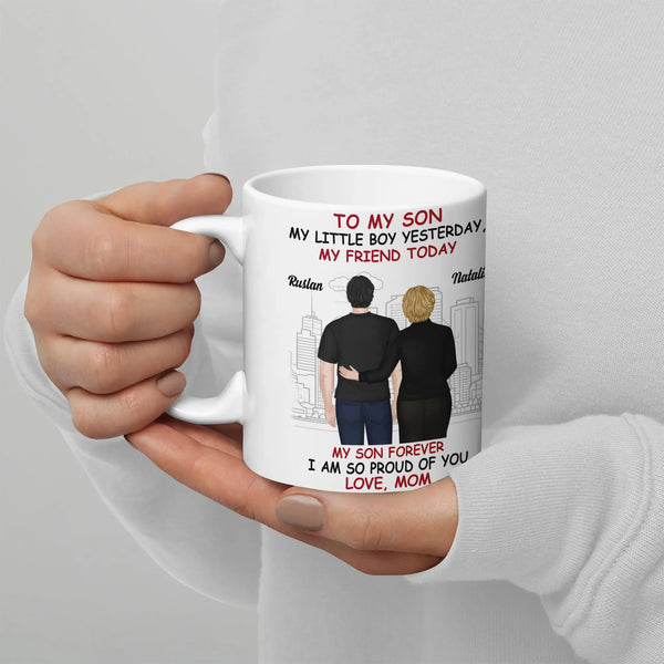 Custom Mother and Son Coffee Mug, To My Son Mug, Proud Mom Illustration Ceramic Cup, Sentimental Birthday Christmas Present f
