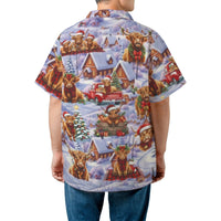 Snowy Winter Scene Shirt, Christmas Highland Cow Hawaiian Shirt, Rustic Farm Animal Aloha Shirt, Festive Holiday Beach Button Up Shirt