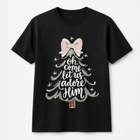 Coquette Bow Christmas Tree Tee, Oh Come Let Us Adore Him Shirt, Christian Holiday T-Shirt, Religious Xmas Graphic Tee, Faith Present for Her