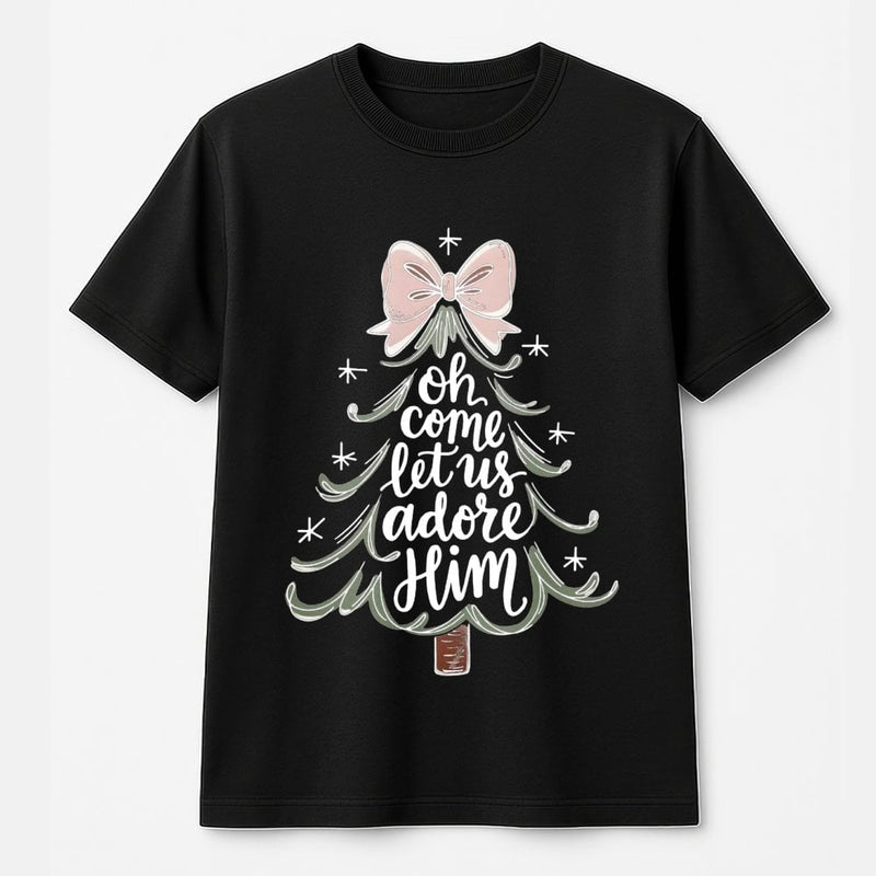 Coquette Bow Christmas Tree Tee, Oh Come Let Us Adore Him Shirt, Christian Holiday T-Shirt, Religious Xmas Graphic Tee, Faith Present for Her