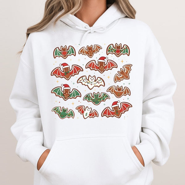 Spooky Gothic Christmas Graphic Sweatshirt, Gingerbread Bat Hoodie, Creepmas Alt Holiday Pullover, Dark Aesthetic Xmas Hooded