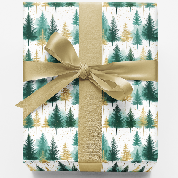 Evergreen Holiday Gift Wrap Roll, Watercolor Fir Tree Christmas Wrapping Paper, Festive Pine Tree Wrapping Paper, Winter Pine